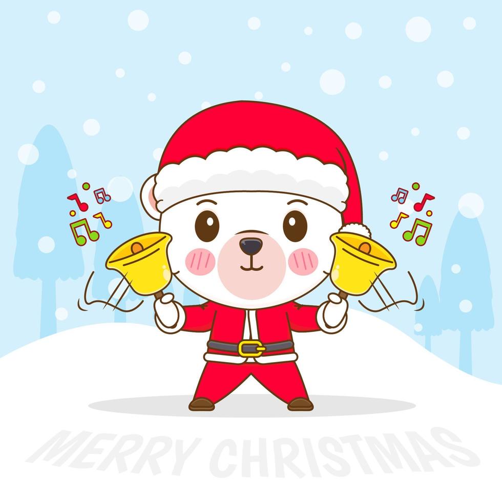 hand gezeichneter süßer eisbär trägt weihnachtsmütze mit glocken weihnachtszeitkarikatur. kawaii tiercharakter. frohe weihnachten grußkarte vektor