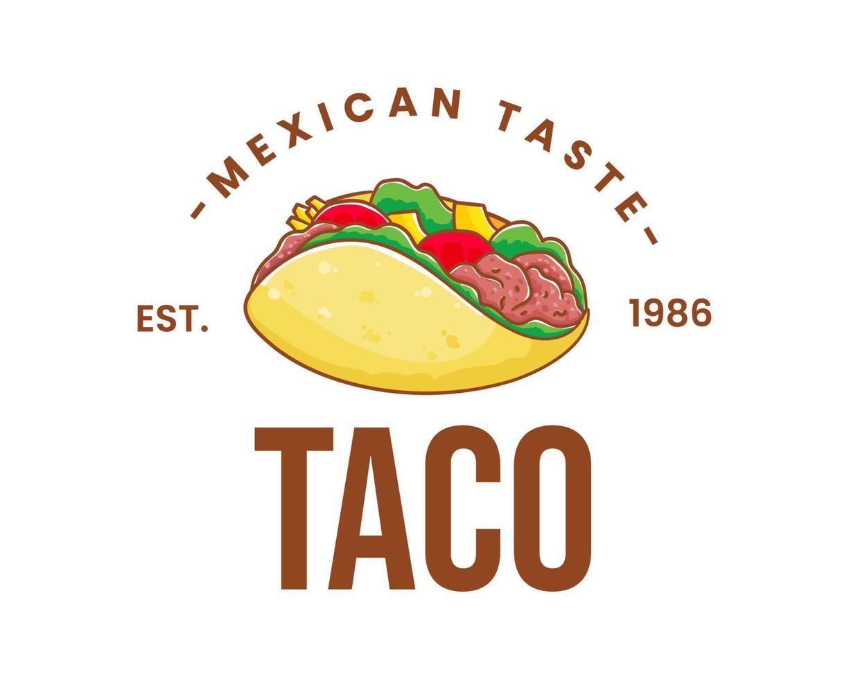 taco med kött och grönsak. traditionell latin amerikan mexikansk snabbmat. tacos logotyp ikon klistermärke mat begrepp. årgång retro platt tecknad serie stil. vektor