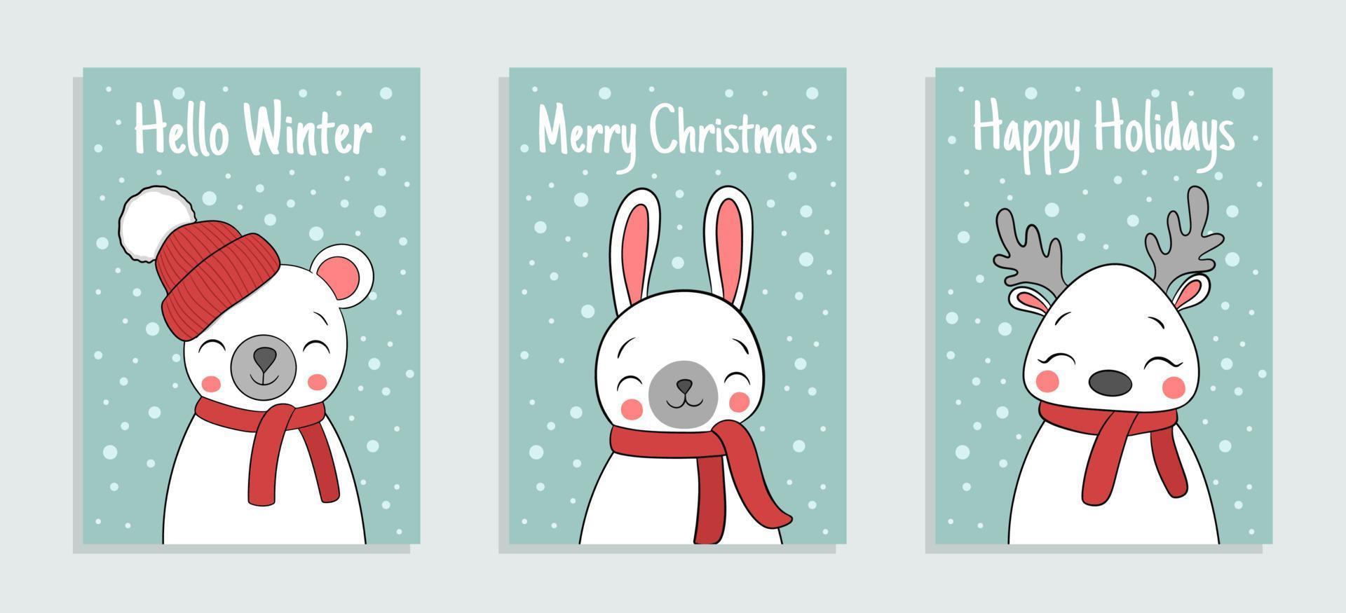 glad jul och Lycklig ny år uppsättning av hälsning kort, affischer med söt tecknad serie djur vektor