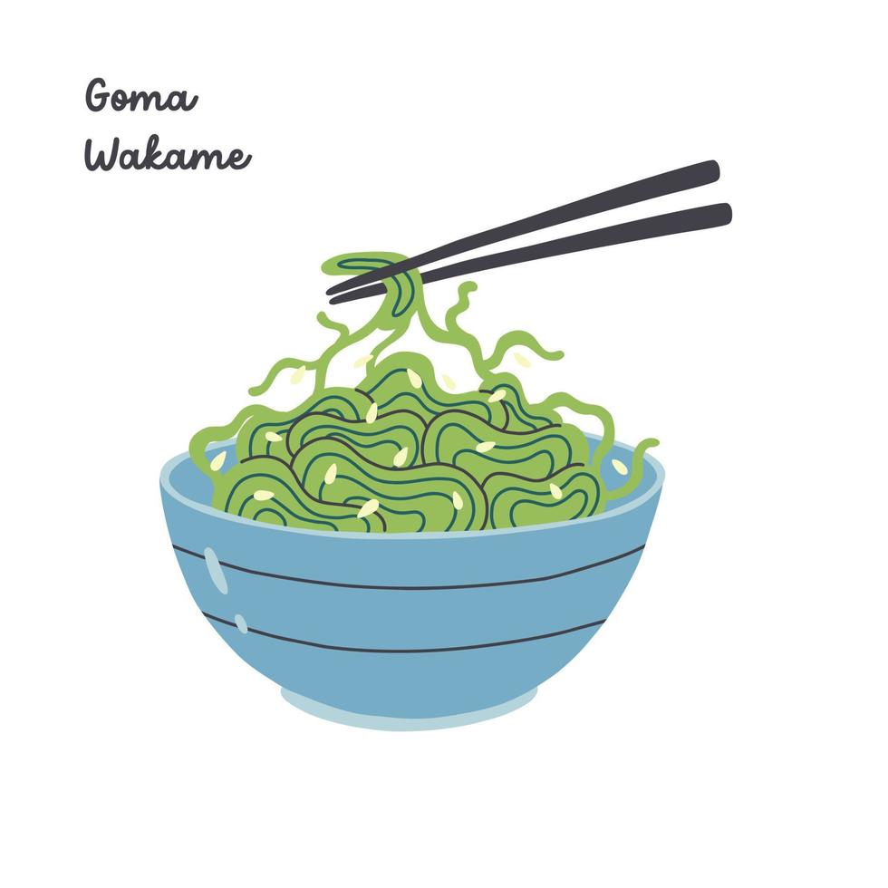 goma wakame maträtt. traditionell japansk sallad. asiatisk mat platt illustration på isolerat vit bakgrund vektor