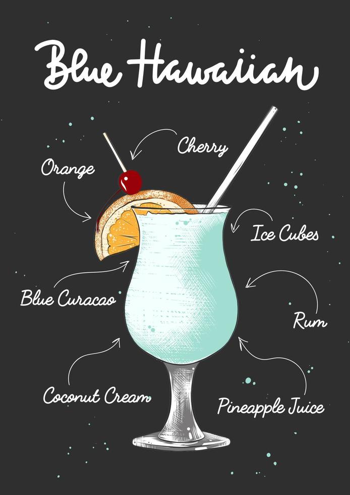 vektorgravierte blaue hawaiianische cocktailillustration für plakate, dekoration, logo und druck. handgezeichnete skizze mit beschriftung und rezept, getränkezutaten. detaillierte bunte Zeichnung. vektor