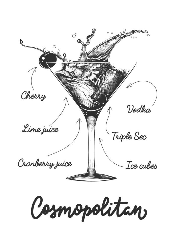 kosmopolitische Cocktailillustration im vektorgravierten Stil für Poster, Dekoration, Menü, Wandkunst, Druck. handgezeichnete skizze mit beschriftung und rezept, getränkezutaten. detaillierte monochrome Zeichnung. vektor