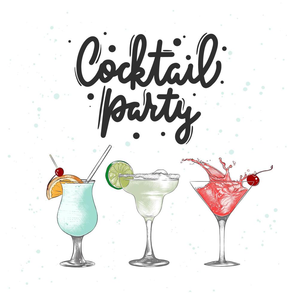 vektor graverat stil alkoholhaltig cocktails illustration uppsättning för affischer, dekoration, meny. hand dragen dryck eller dryck skiss med text, cocktail fest. detaljerad färgrik teckning.