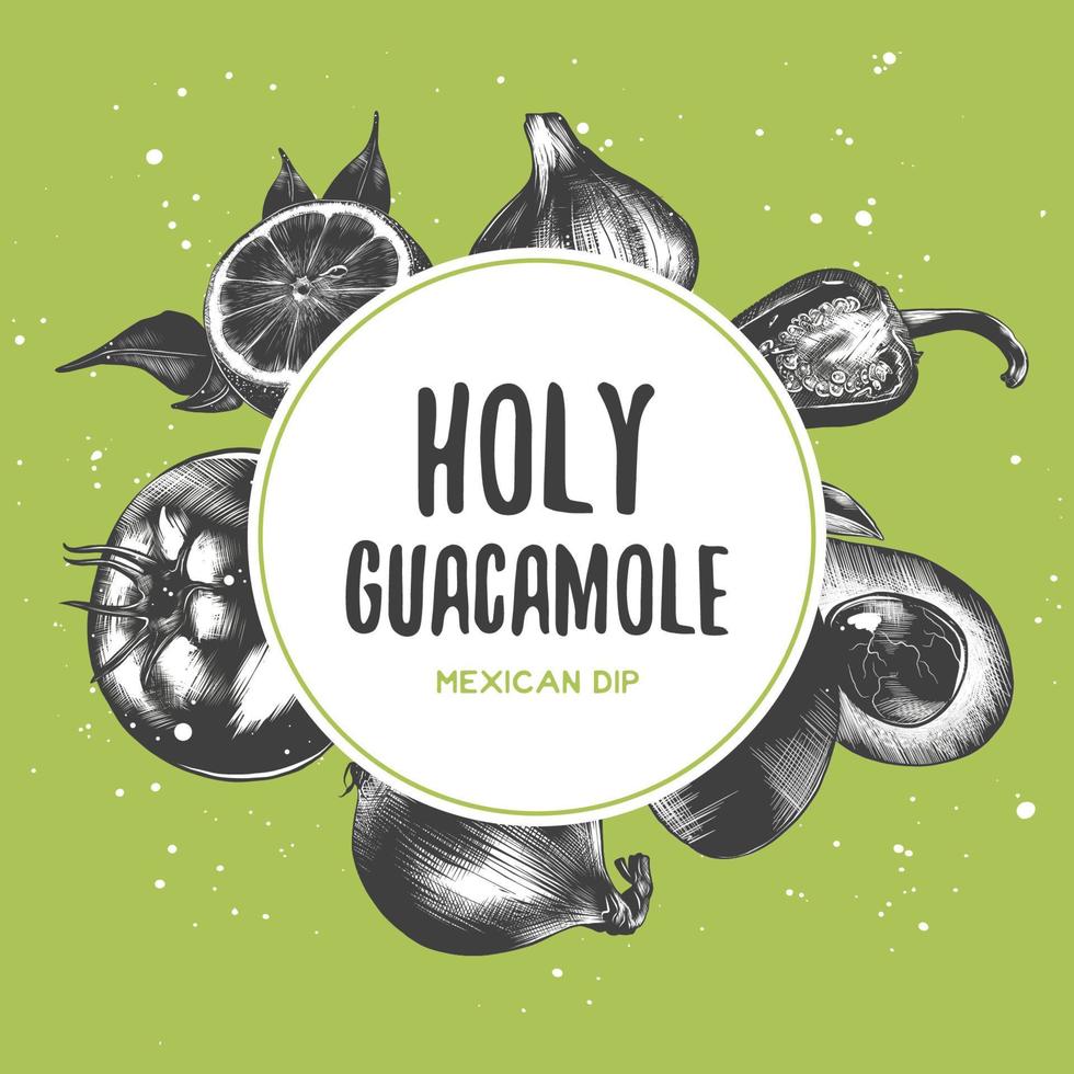 vektor vintage bakgrund med graverade handritade skisser av guacamole ingredienser. ekologiska hantverksgrönsaker och kryddor illustrationer. mexikansk mat ovanifrån ram. mat meny formgivningsmall.