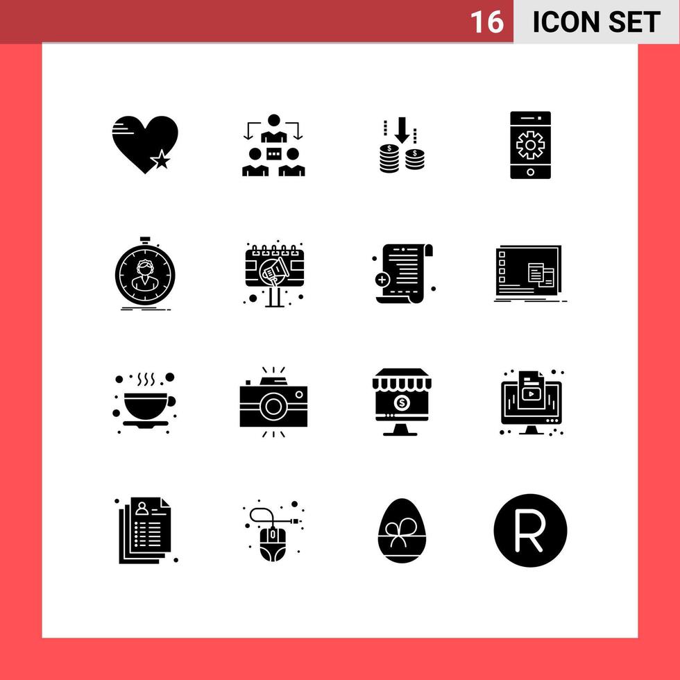 Satz von 16 kommerziellen Solid-Glyphen-Paketen für die Analyse von editierbaren Vektordesign-Elementen für Smartphone-Telefonkommunikation vektor