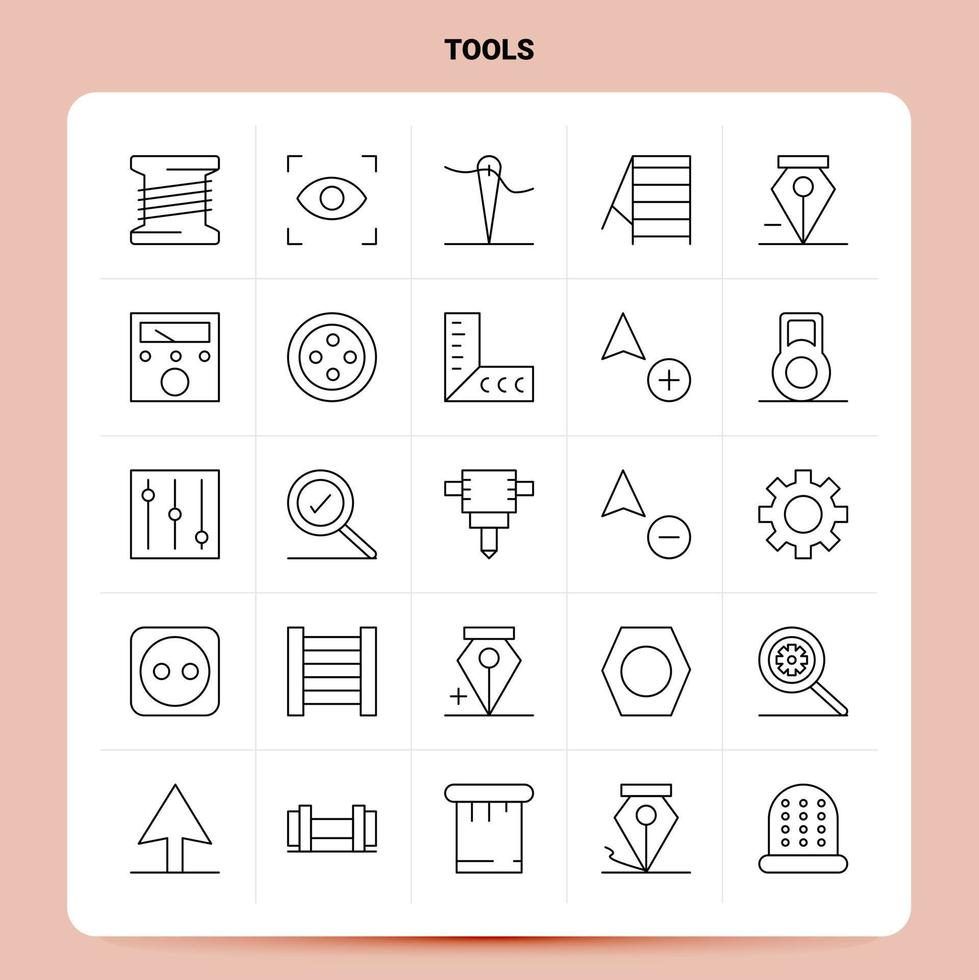 Umriss 25 Werkzeuge Symbolsatz Vektor Linienstil Design schwarze Symbole Set lineare Piktogrammpaket Web- und mobile Geschäftsideen entwerfen Vektorillustration
