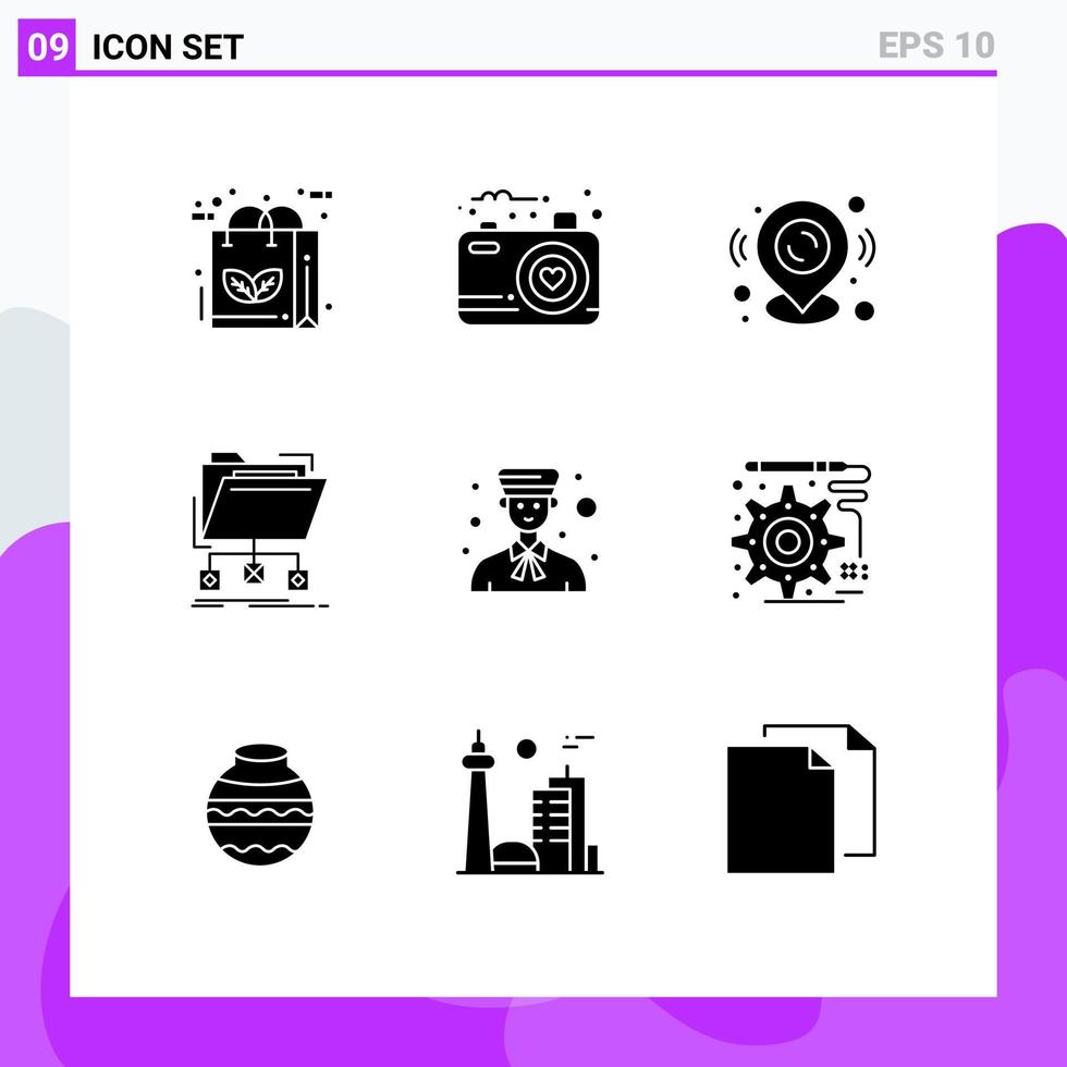 Piktogrammsatz aus 9 einfachen soliden Glyphen von Netzwerkdateien Fotodatenkarte Pin editierbare Vektordesign-Elemente vektor