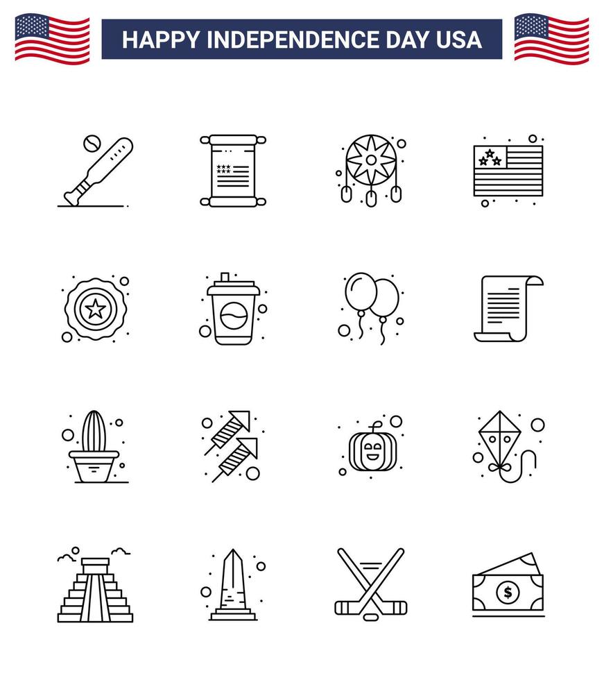 USA Lycklig oberoende dag piktogram uppsättning av 16 enkel rader av stjärna USA USA flagga Västra redigerbar USA dag vektor design element