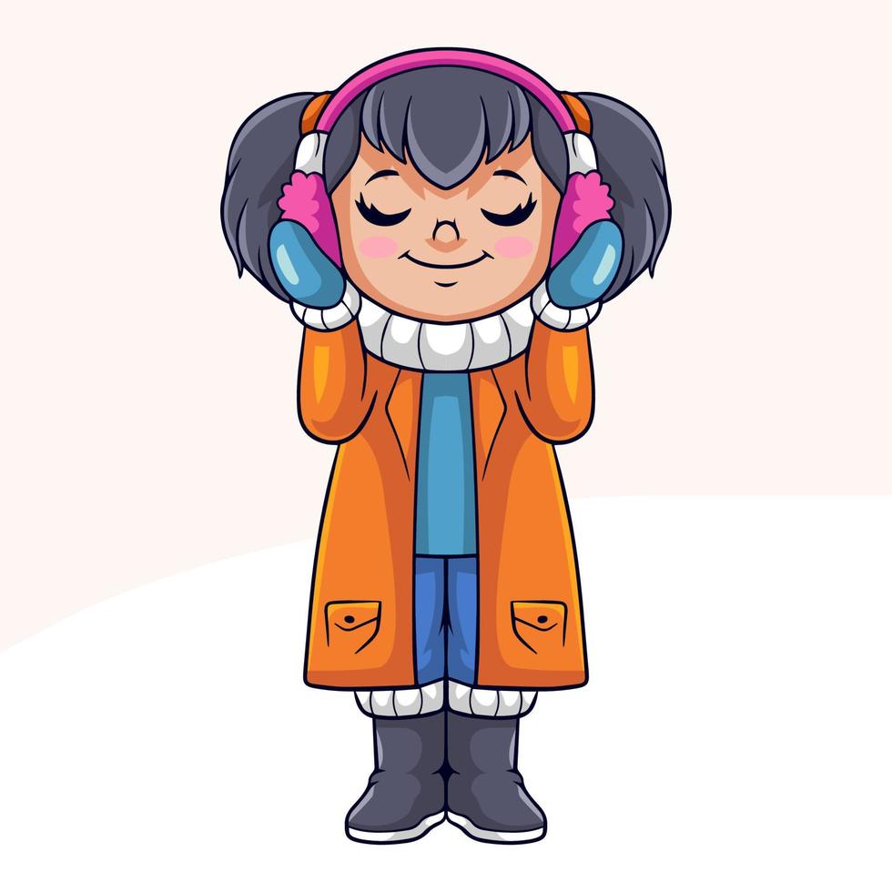 Cartoon glückliches kleines Mädchen in Winterkleidung Musik hören vektor