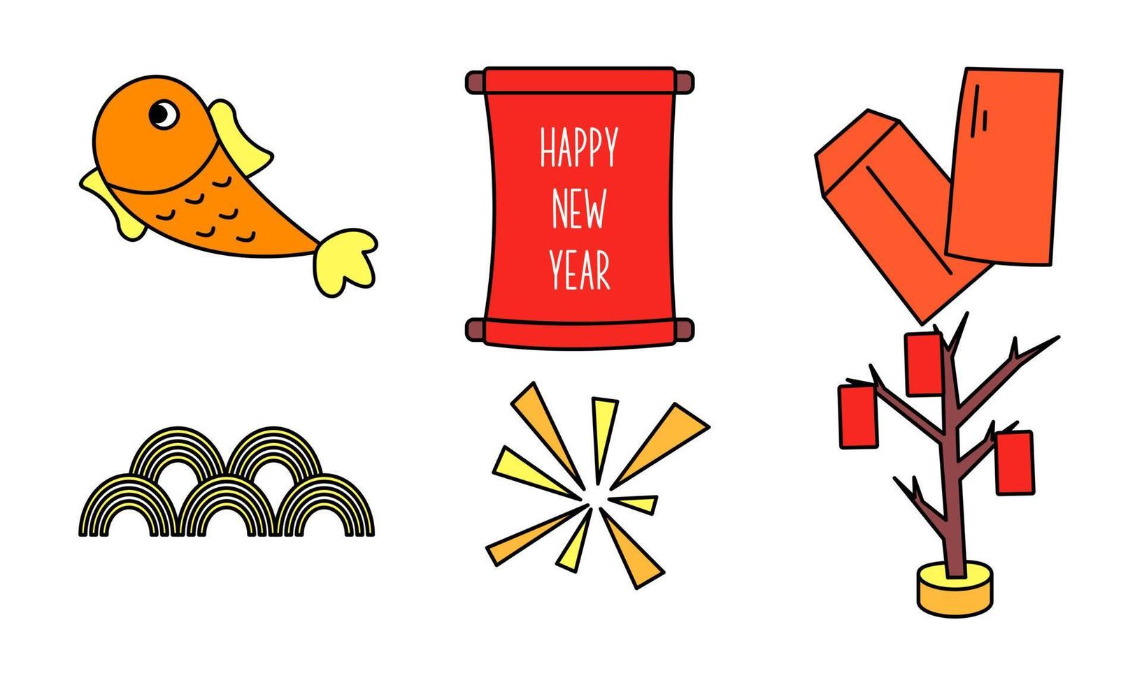 Lycklig kinesisk ny år tecknad serie skiss firande element vektor
