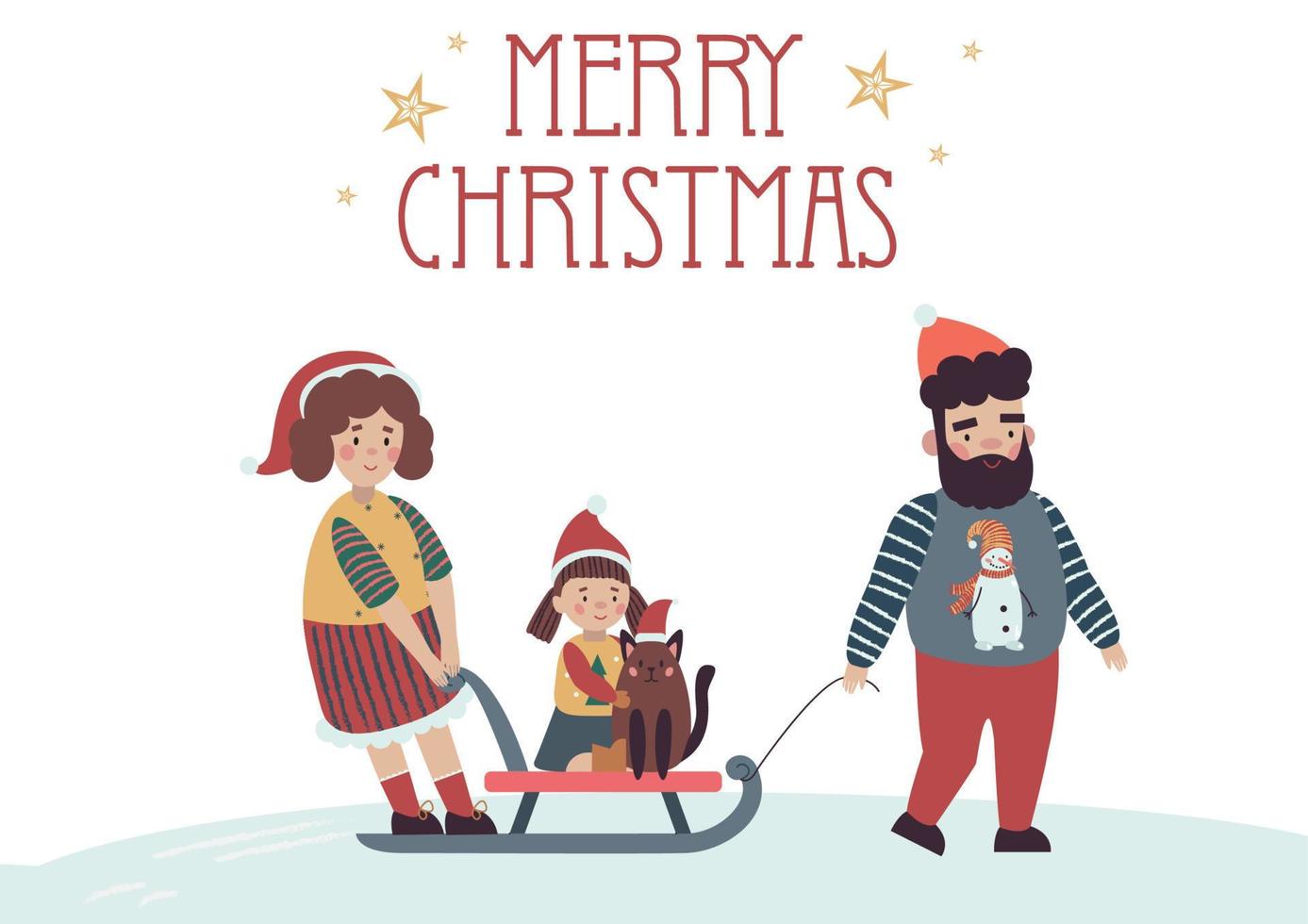 glückliche winterfamilie, rodeln, frohe weihnachten vektor