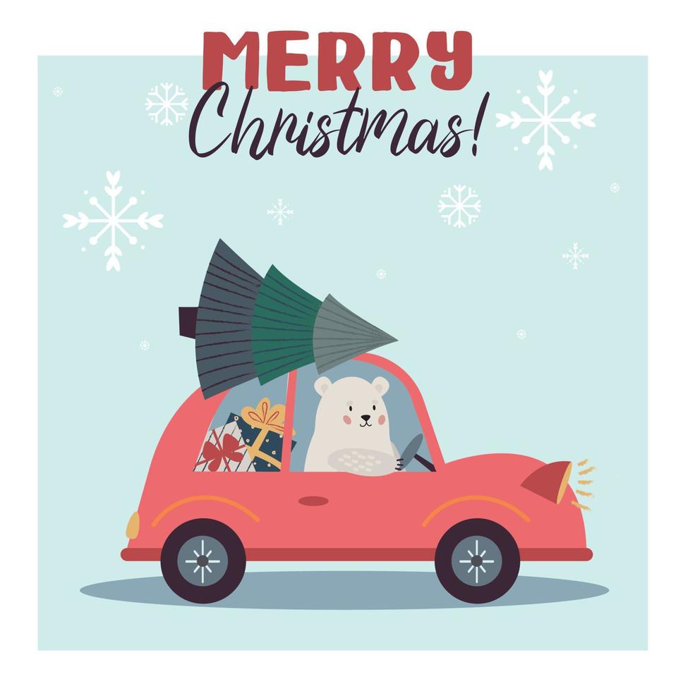 frohe weihnachtskarte, rotes karikaturauto mit weihnachtsbaum, weißer bär, der ein auto fährt vektor
