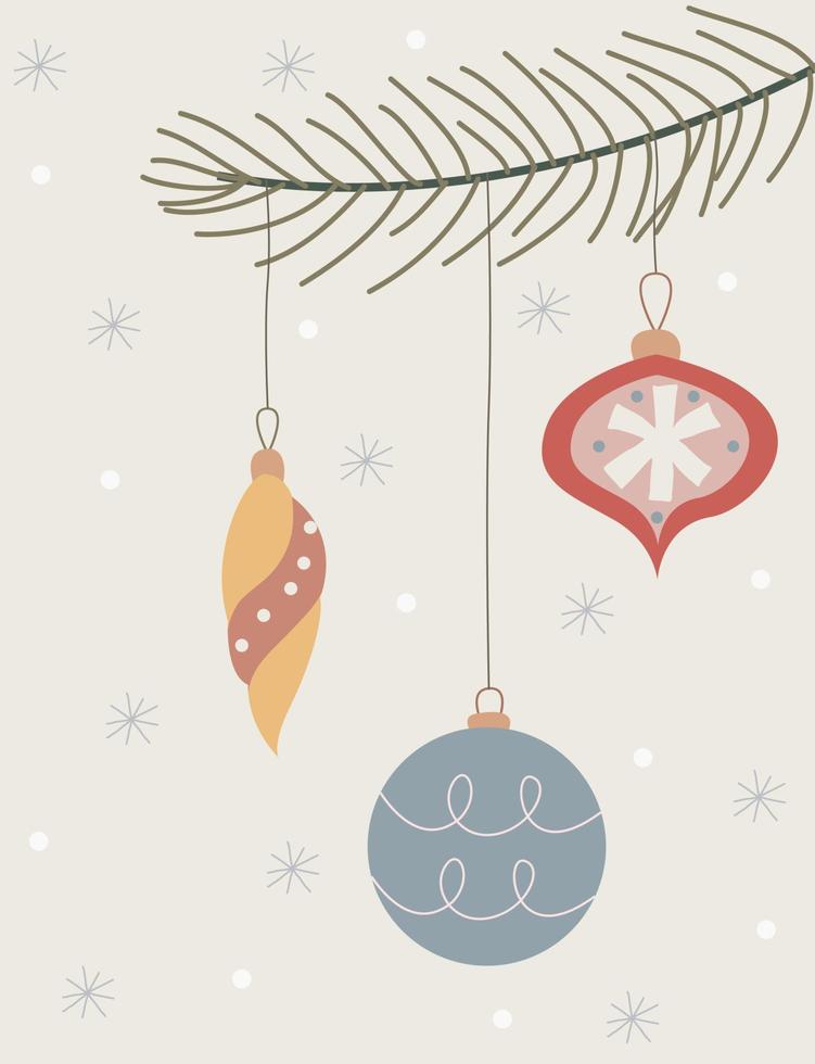 minimalistisk hygge jul kort med jul dekorationer och snöflingor vektor