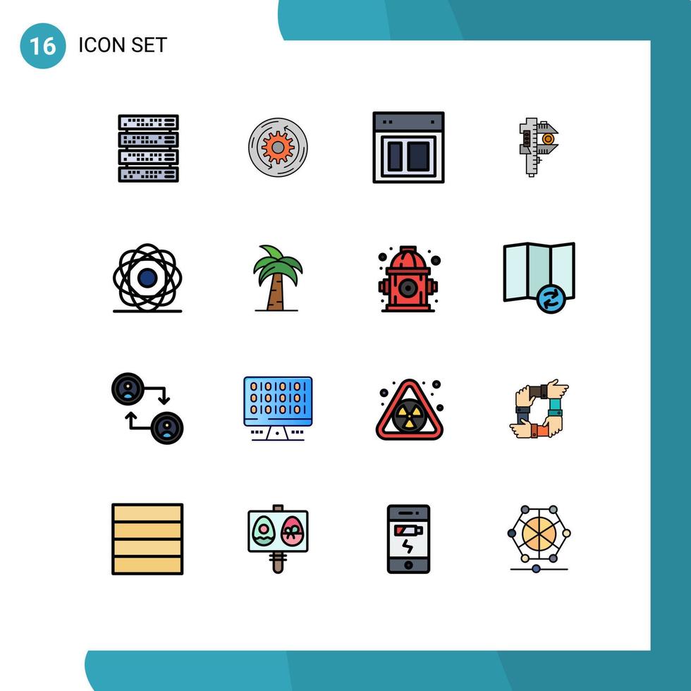 Piktogrammsatz aus 16 einfachen, flachen, farbgefüllten Linien mit kleiner Genauigkeitsstruktur, die webbearbeitbare kreative Vektordesignelemente messen vektor