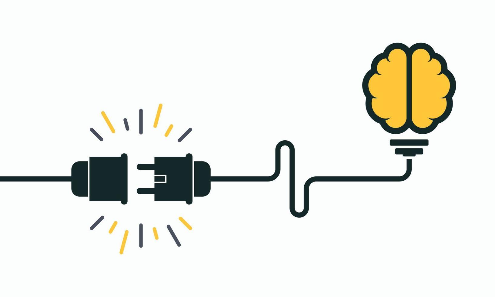 Ideenkonzept, menschliches Gehirn in Glühbirne, kreatives Glühbirnenzeichen mit elektrischem Stecker und Kabelhintergrundvektorillustration vektor