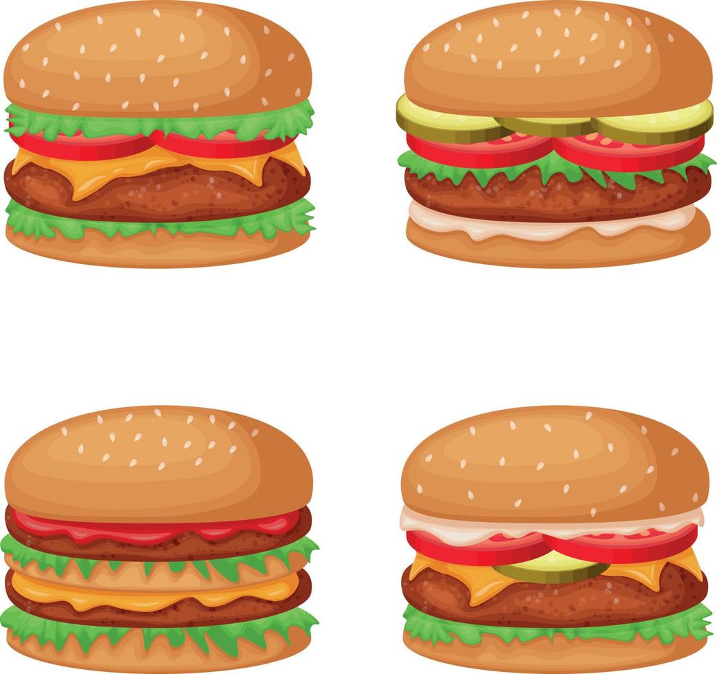 hamburgare uppsättning. uppsättning av fyra hamburgare med kotlett, tomater, gurkor, ost och såser. snabb mat. vektor illustration på en vit bakgrund.