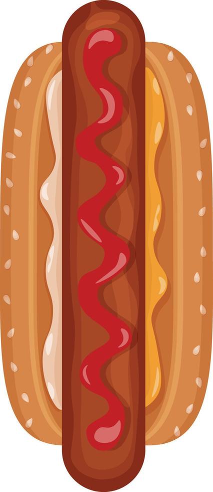 varm hund topp se. ett bild av en varm hund med korv, duggregnat med ketchup och stänkte med senap. snabb mat. vektor illustration isolerat på en vit bakgrund