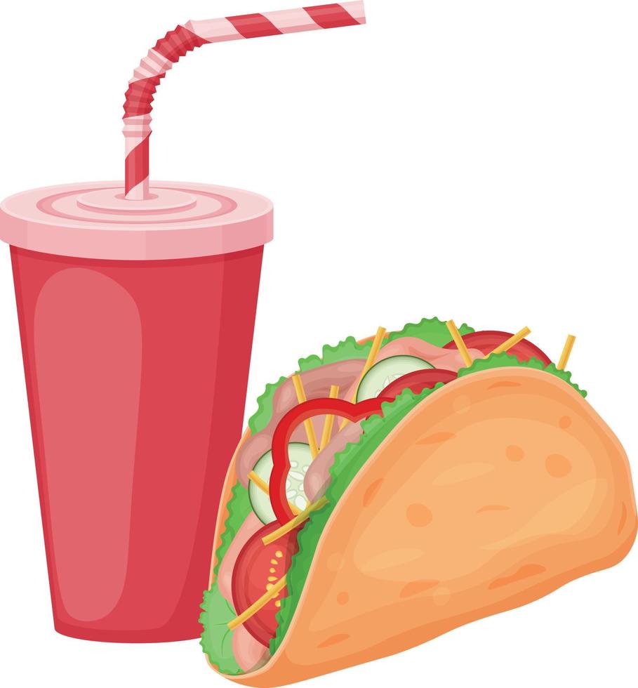 Tacos und Limonade. Fastfood. ein gericht der mexikanischen küche und ein süßes kohlensäurehaltiges getränk. Vektor-Illustration isoliert auf weißem Hintergrund vektor