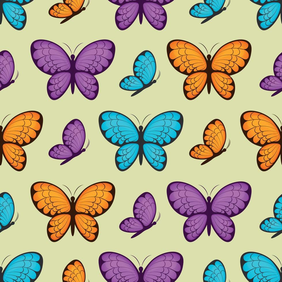 sömlös mönster. en ljus vår mönster med de bild av fjärilar av annorlunda färger. ljus fjärilar, mönster för skriva ut och gåva omslag. vektor illustration