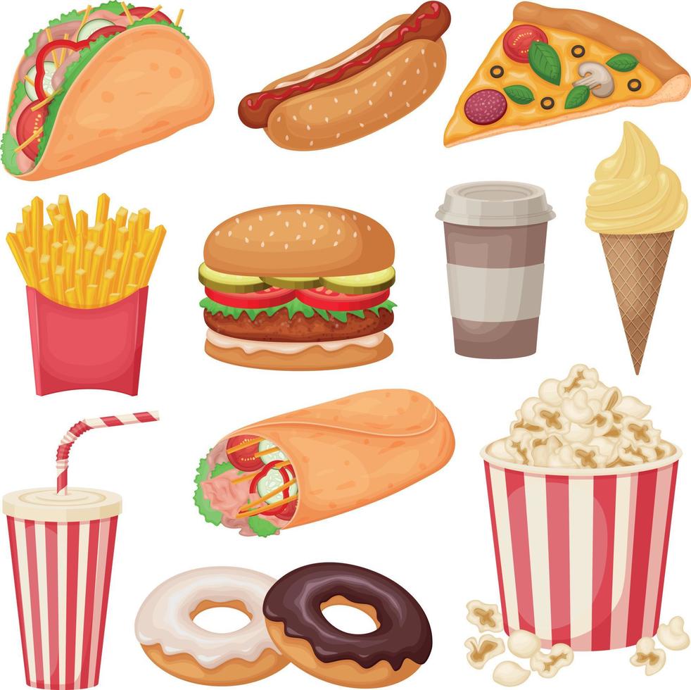 Fastfood. ein großes Set mit Fast-Food-Produkten wie Hamburger, Pommes Frites, Hot Dogs, Donuts sowie Eiscreme, Popcorn, Kaffee und Limonade. Vektor