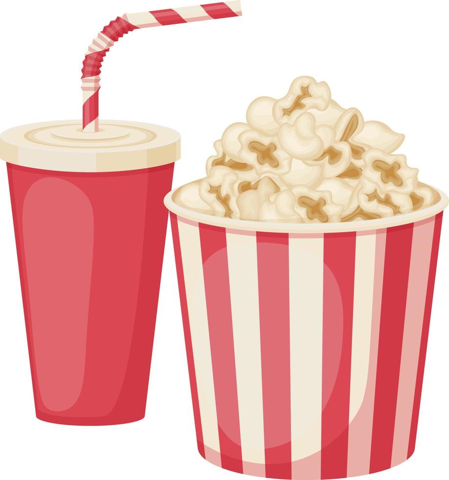 Popcorn und kohlensäurehaltiges Getränk. ein großer Eimer Popcorn und ein Glas Limonade. Fastfood. Essen zum Ansehen von Filmen. Vektor-Illustration isoliert auf weißem Hintergrund Vektor-Illustration vektor