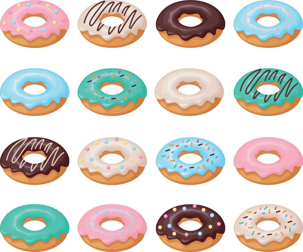 Donuts gesetzt. eine große Sammlung von Donuts, gegossen mit verschiedenen Glasuren. süßes dessert, fast food. Vektor-Illustration isoliert auf weißem Hintergrund vektor