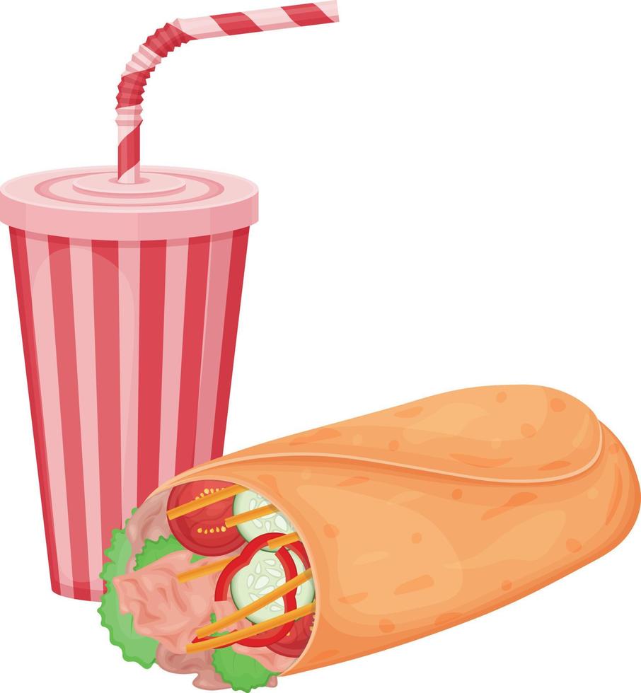 en burrito och en dryck. snabb mat. en maträtt av mexikansk kök och en ljuv kolsyrad dryck. vektor illustration isolerat på en vit bakgrund