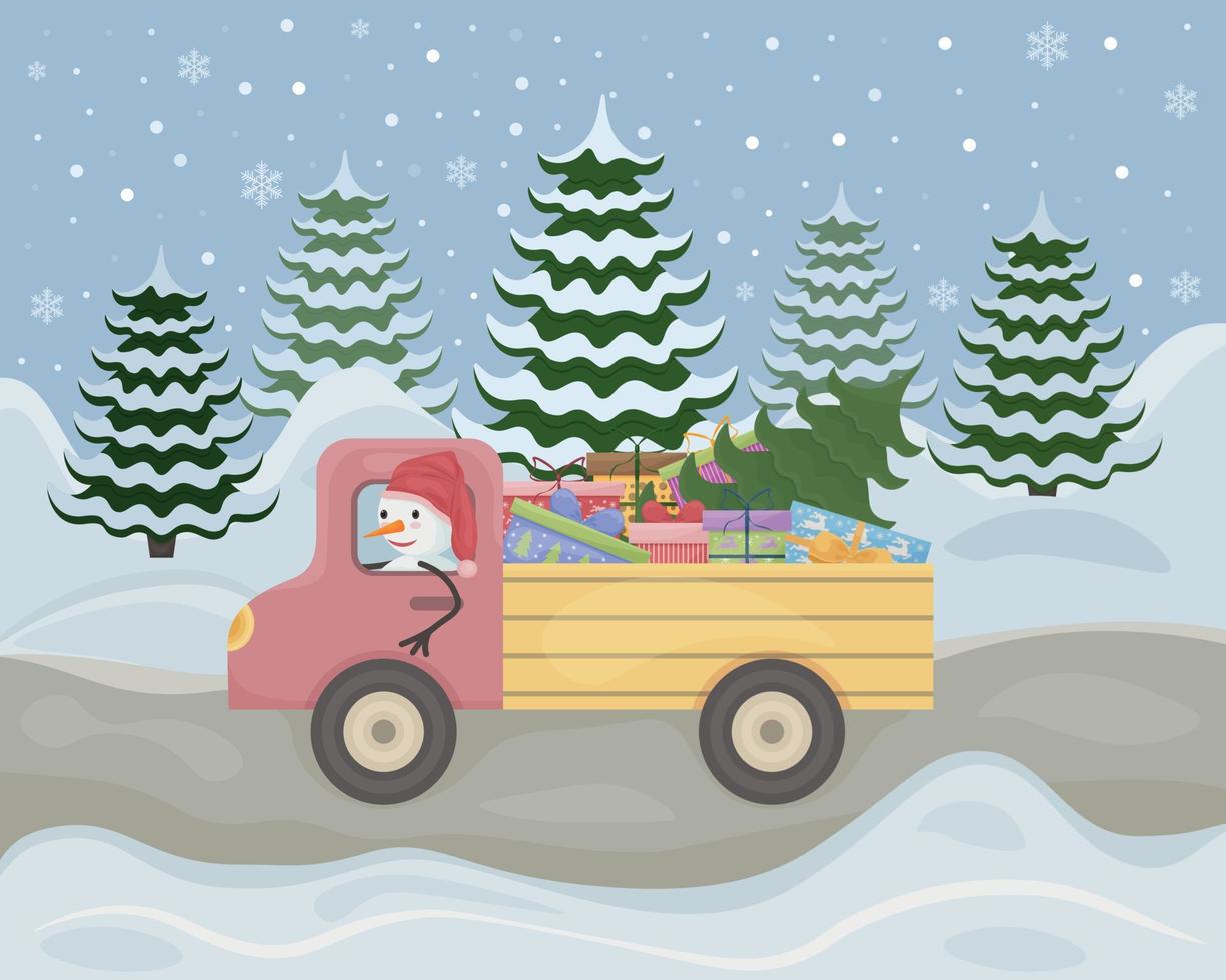 jul illustration. ett illustration skildrar en söt snögubbe ridning på en lastbil, som innehåller gåvor och en jul träd. rolig snögubbe i de skog. vektor illustration