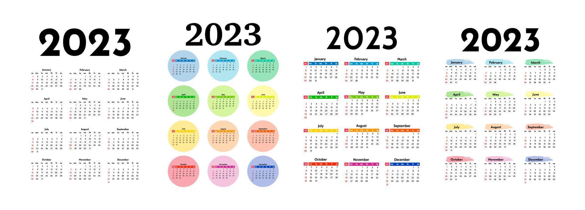 uppsättning av fyra vertikal kalendrar för 2023 isolerat på en vit bakgrund. söndag till måndag, företag mall. vektor illustration