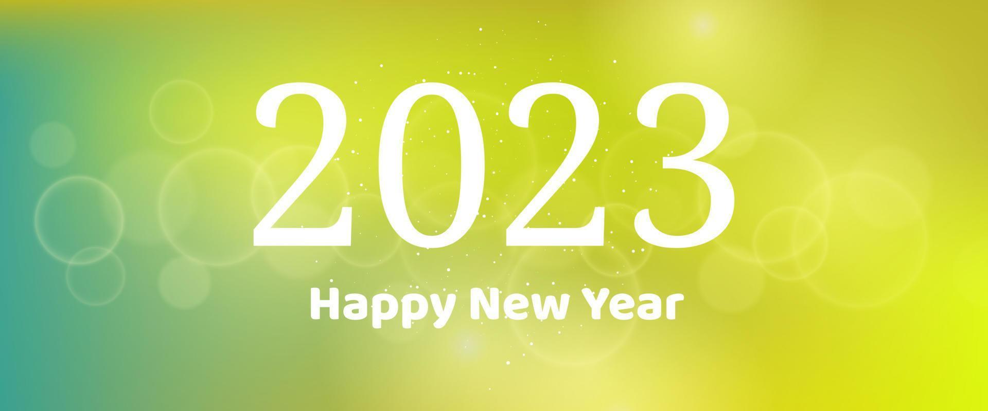 Lycklig ny år 2023 inskription på suddig bakgrund. vit tal på bakgrund med konfetti, bokeh och lins blossa. vektor illustration