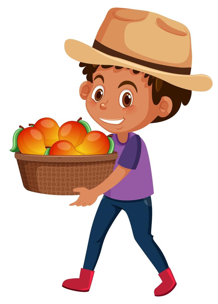 barnpojke med frukt eller grönsaker på vit bakgrund vektor