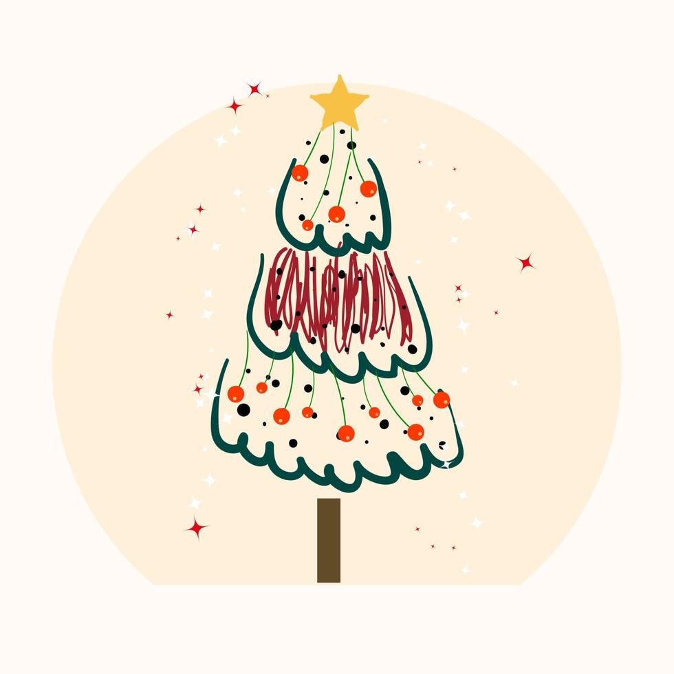 geschmückter weihnachtsbaum mit weihnachtskugeln und sternen handgezeichnete flache illustration auf weißem hintergrund vektor