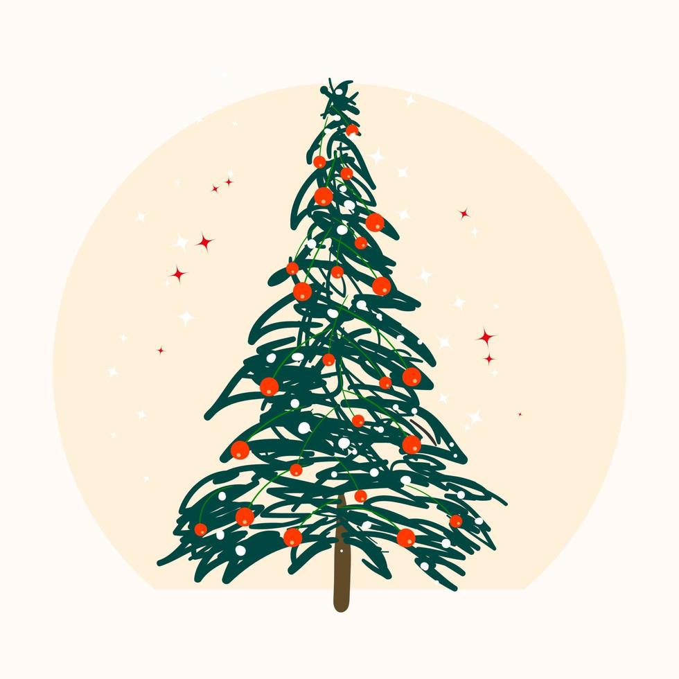 geschmückter weihnachtsbaum mit weihnachtskugeln und sternen handgezeichnete flache illustration auf weißem hintergrund vektor