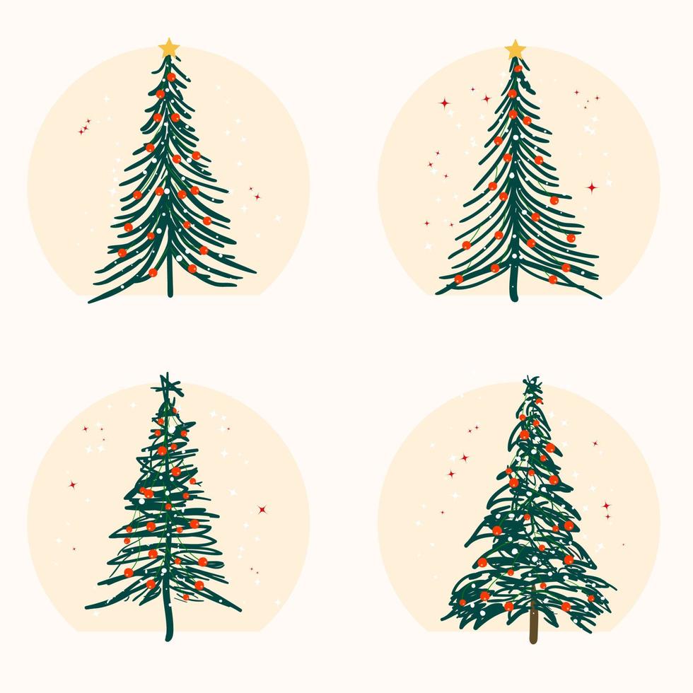 dekorerad jul träd uppsättning med jul bollar och stjärnor hand dragen platt illustration på vit bakgrund vektor