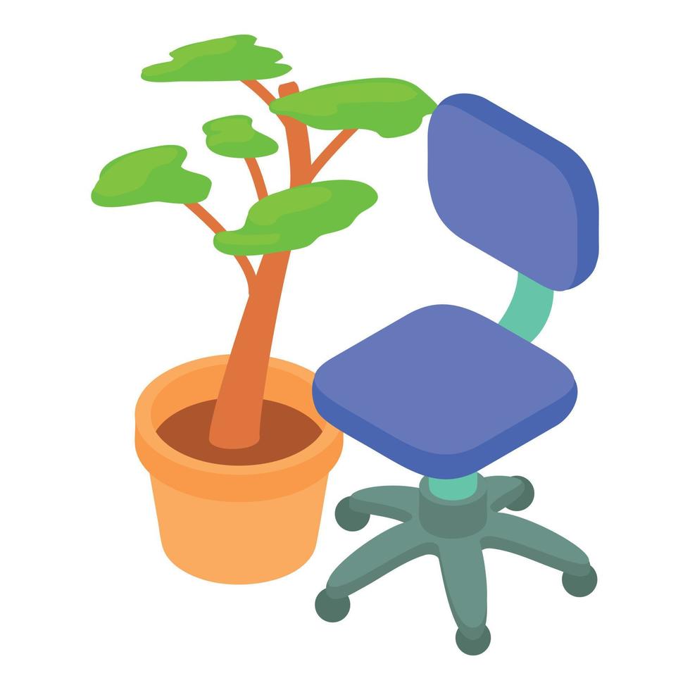 Bürostuhl-Symbol isometrischer Vektor. blauer weicher Arbeitsstuhl und Topfpflanze-Symbol vektor