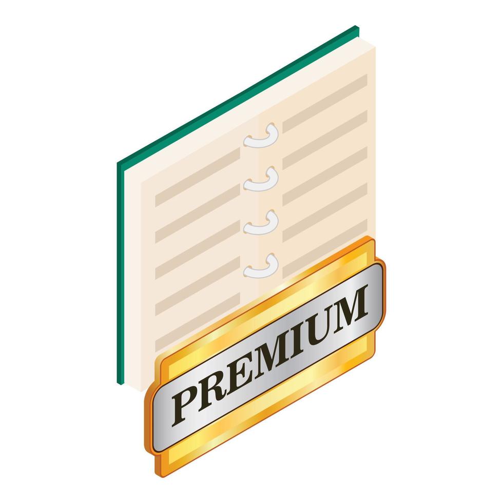 isometrischer Vektor des geöffneten Buchsymbols. Papierbuch mit blauem Einband und Premium-Schild