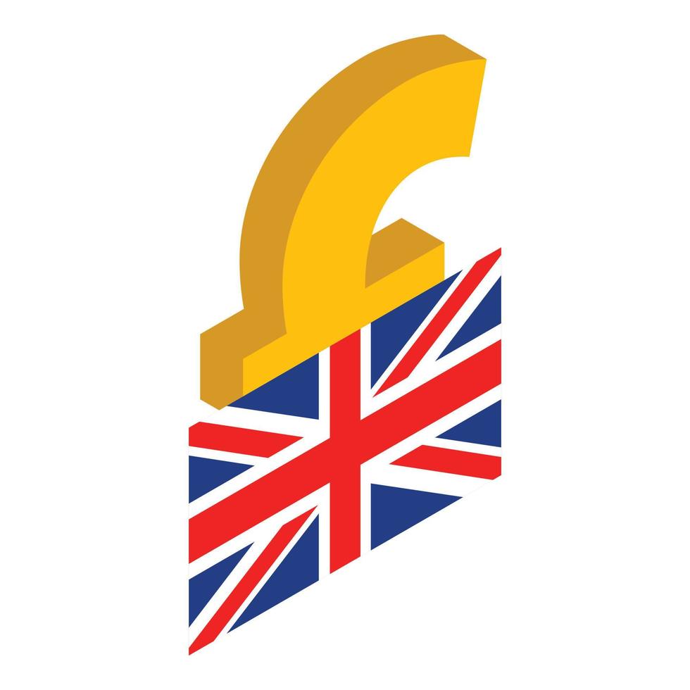 isometrischer vektor des britischen währungssymbols. Britisches Pfund Sterling-Symbol und britische Flagge