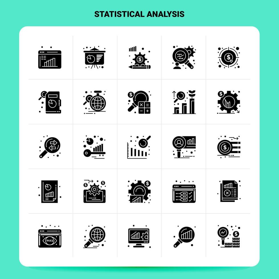 fast 25 statistisk analys ikon uppsättning. vektor glyf stil design svart ikoner uppsättning. webb och mobil företag idéer design vektor illustration.