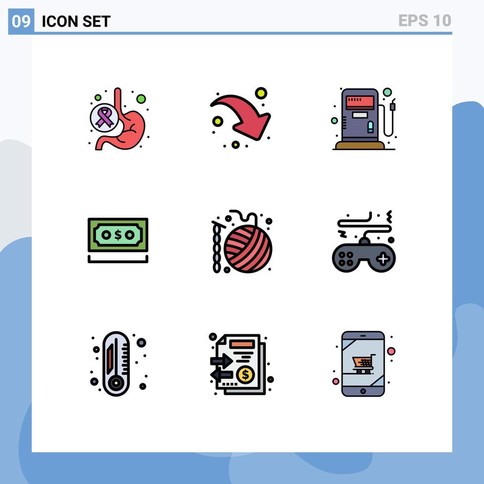 Gruppe von 9 modernen Filledline-Flachfarben für Handwerksnotizen, Brennstoffwährung, Geld, editierbare Vektordesign-Elemente vektor