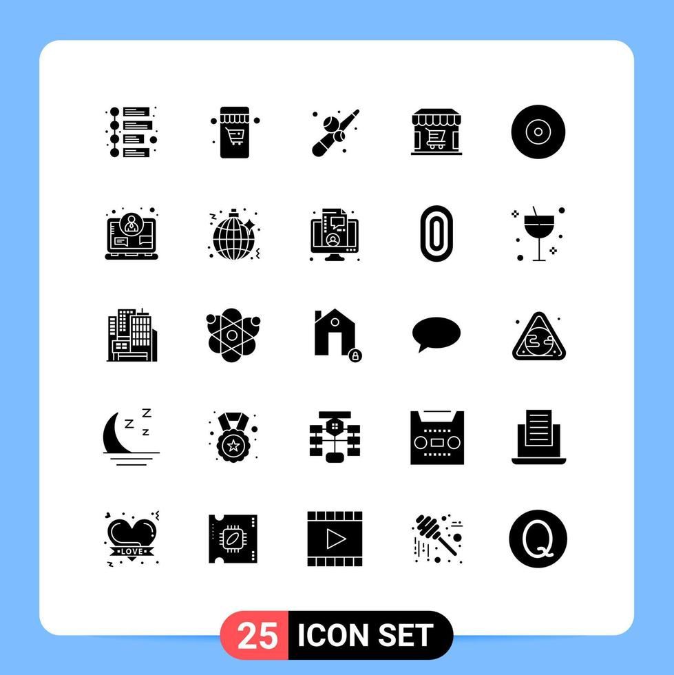 Stock Vector Icon Pack mit 25 Zeilenzeichen und Symbolen für DVD-Ray-Spiel Blu Shopping editierbare Vektordesign-Elemente