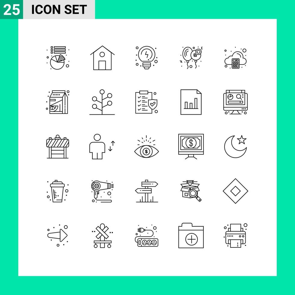 Aktienvektor-Icon-Pack mit 25 Zeilenzeichen und Symbolen für Steuerarithmetik, Buchhaltung, Liebe, editierbare Vektordesign-Elemente vektor