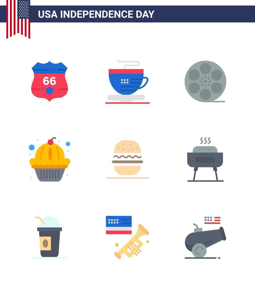 packa av 9 USA oberoende dag firande flats tecken och 4:e juli symboler sådan som amerikan burger spela kaka muffin redigerbar USA dag vektor design element