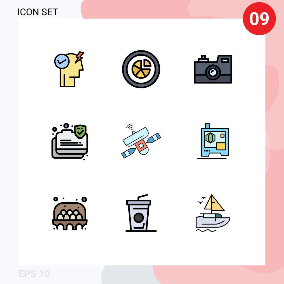 Satz von 9 kommerziellen Filledline-Flachfarbpaketen für sichere Daten Sichere Berichtsverbindung Retro-Kamera editierbare Vektordesign-Elemente vektor