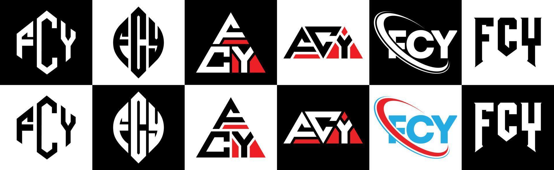 fcy brev logotyp design i sex stil. fcy polygon, cirkel, triangel, sexhörning, platt och enkel stil med svart och vit Färg variation brev logotyp uppsättning i ett rittavla. fcy minimalistisk och klassisk logotyp vektor