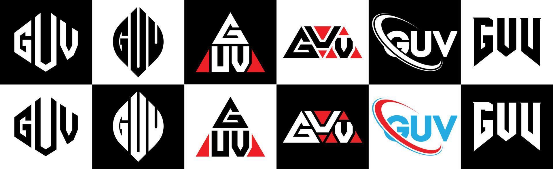 guv brev logotyp design i sex stil. guv polygon, cirkel, triangel, sexhörning, platt och enkel stil med svart och vit Färg variation brev logotyp uppsättning i ett rittavla. guv minimalistisk och klassisk logotyp vektor