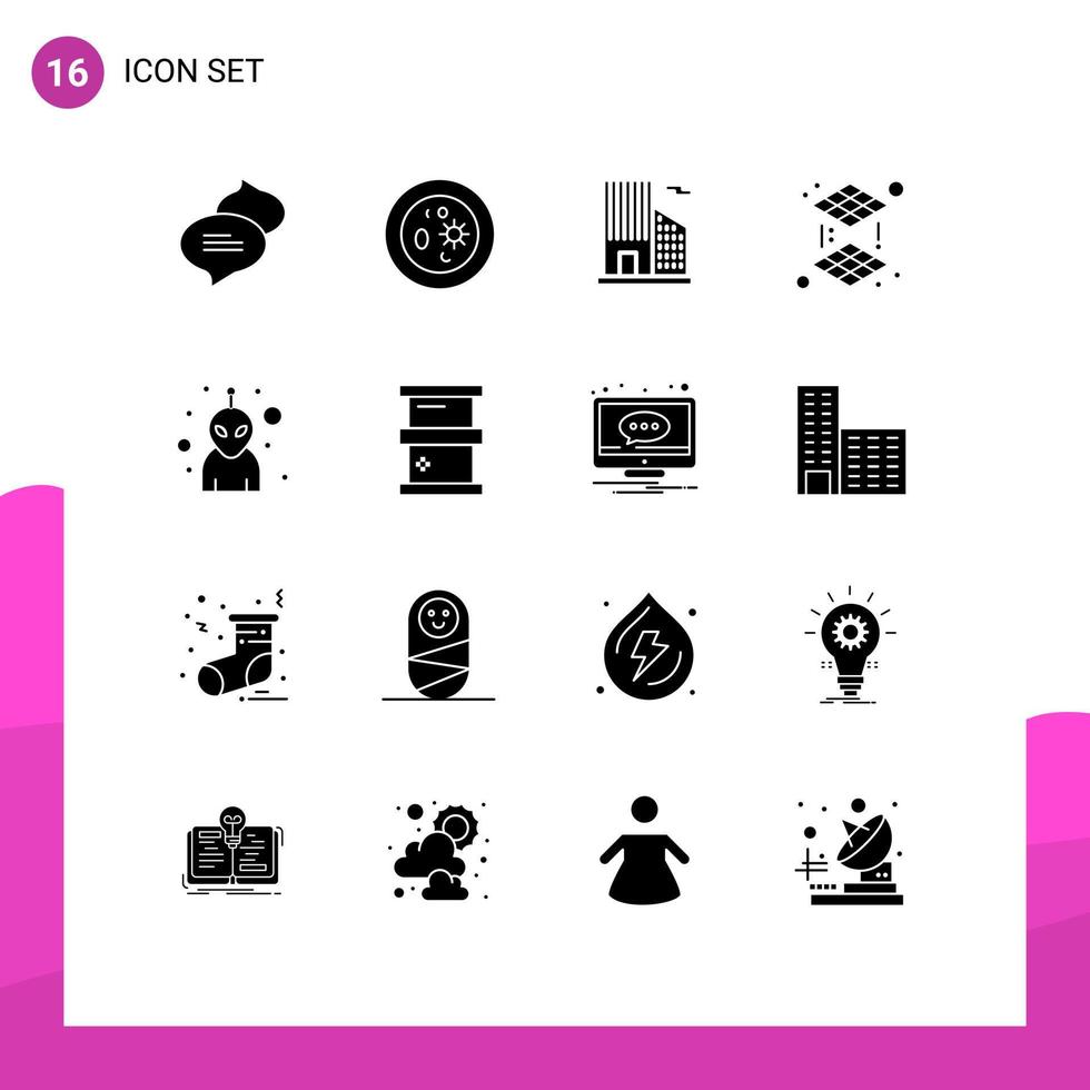 redigerbar vektor linje packa av 16 enkel fast glyfer av biokemi avatar byggnad utomjording utskrift redigerbar vektor design element