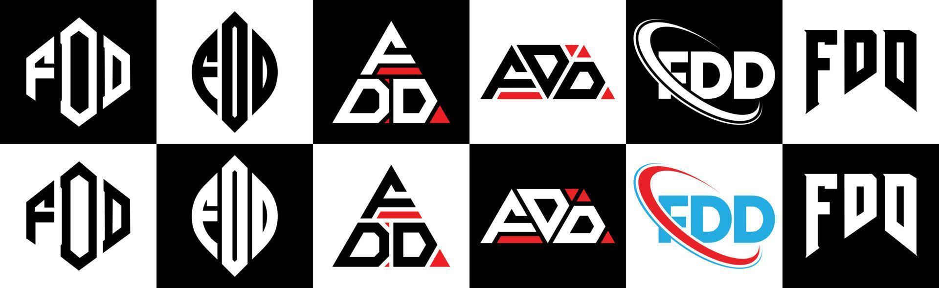 fdd-Buchstaben-Logo-Design in sechs Stilen. fdd polygon, kreis, dreieck, sechseck, flacher und einfacher stil mit schwarz-weißem buchstabenlogo in einer zeichenfläche. fdd minimalistisches und klassisches Logo vektor