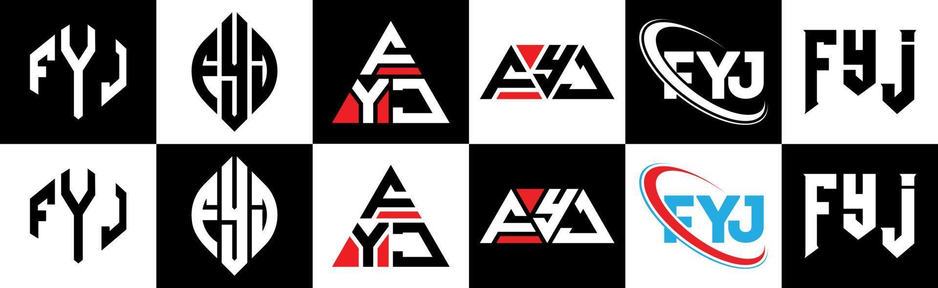 fyj brev logotyp design i sex stil. fyj polygon, cirkel, triangel, sexhörning, platt och enkel stil med svart och vit Färg variation brev logotyp uppsättning i ett rittavla. fyj minimalistisk och klassisk logotyp vektor