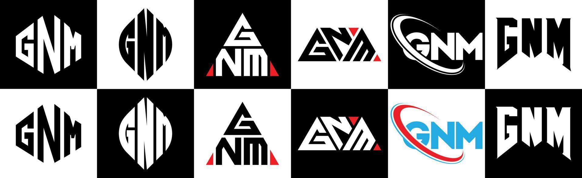 gnm-Buchstaben-Logo-Design in sechs Stilen. Gnm-Polygon, Kreis, Dreieck, Sechseck, flacher und einfacher Stil mit schwarz-weißem Buchstabenlogo in einer Zeichenfläche. gnm minimalistisches und klassisches logo vektor