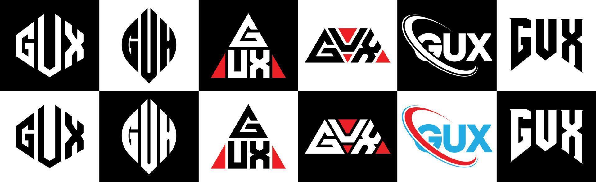 Gux-Buchstaben-Logo-Design in sechs Stilen. Gux-Polygon, Kreis, Dreieck, Sechseck, flacher und einfacher Stil mit schwarz-weißem Buchstabenlogo in einer Zeichenfläche. Gux minimalistisches und klassisches Logo vektor
